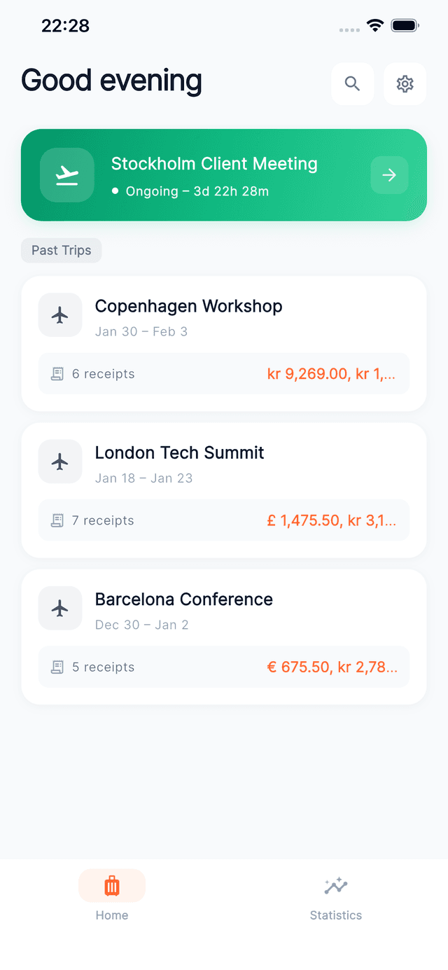 WrkTrip home screen showing trip list